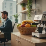 Stärk verksamheten med extern kompetens En person sitter på ett kontor med en fruktkorg och en kaffemaskin i bakgrunden.