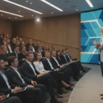 Välj rätt föreläsare till APT eller kickoffen En engagerad kvinnlig föreläsare talar inför en lyssnande företagsgrupp.