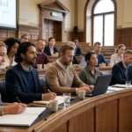 flera-personer-sitter-vid-bankar-i-en-forelasningssal-och-antecknar